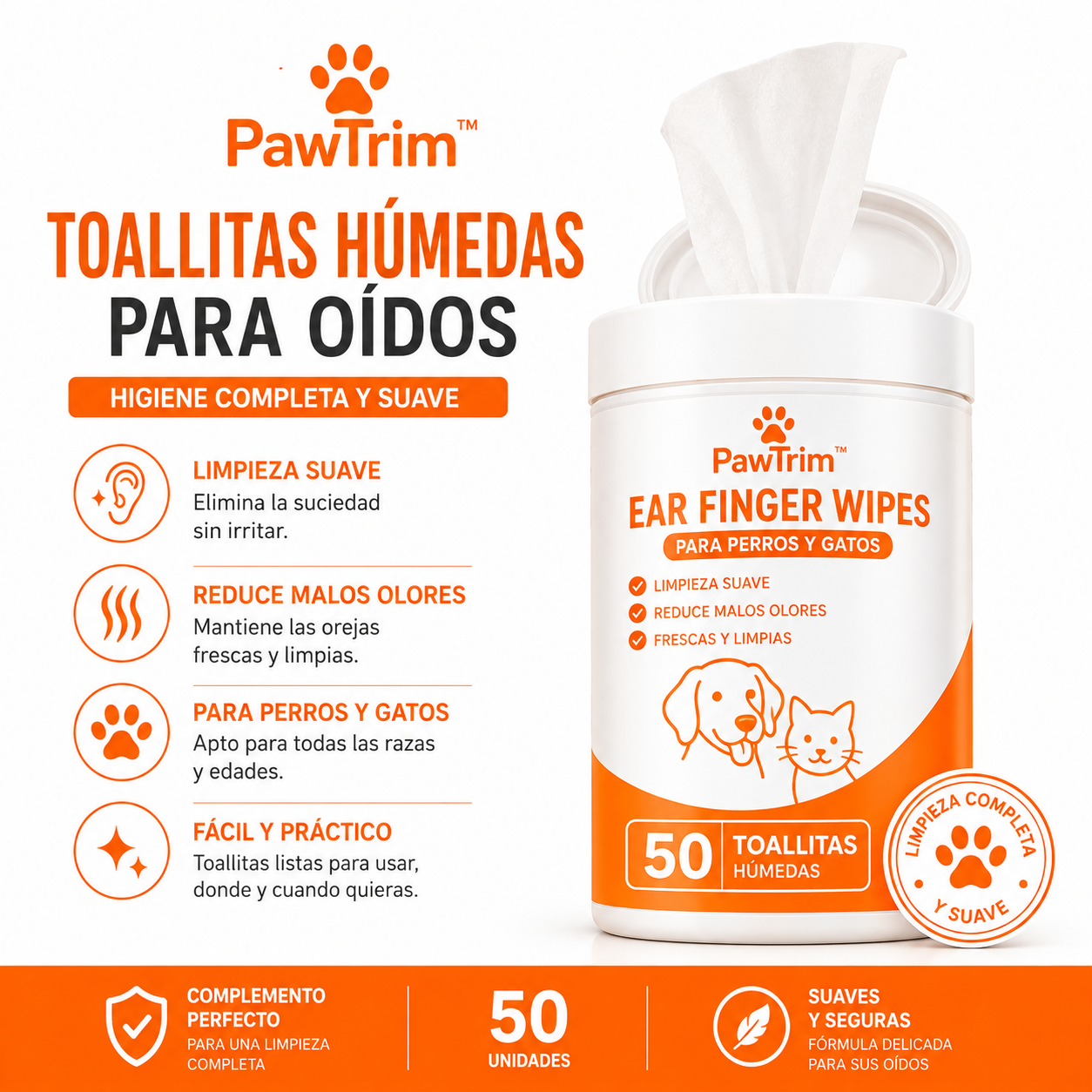 Completa la limpieza con las Toallitas PawTrim™ (50 uds)
